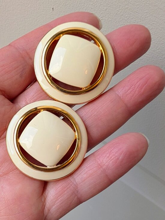 Monet Jewelry - Monet Cream Colored Vintage Earrings in Gold Tones - Mid-Century Style